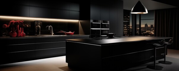 Black Modern Kitchen, Modern Home Interior Banner. Generative AI