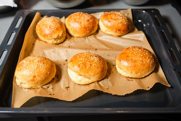 Freshly Baked Homemade Burger Buns. Golden burger buns sprinkled with sesame seeds, freshly baked and cooling on a baking tray lined with parchment paper.