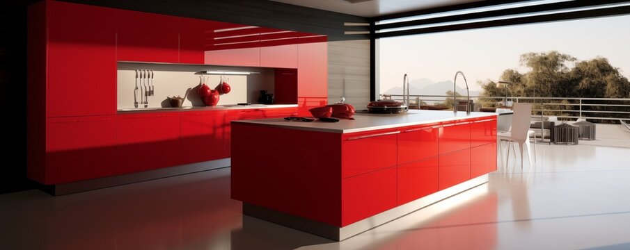 Red Kitchen, Modern House Interior Banner. Generative AI