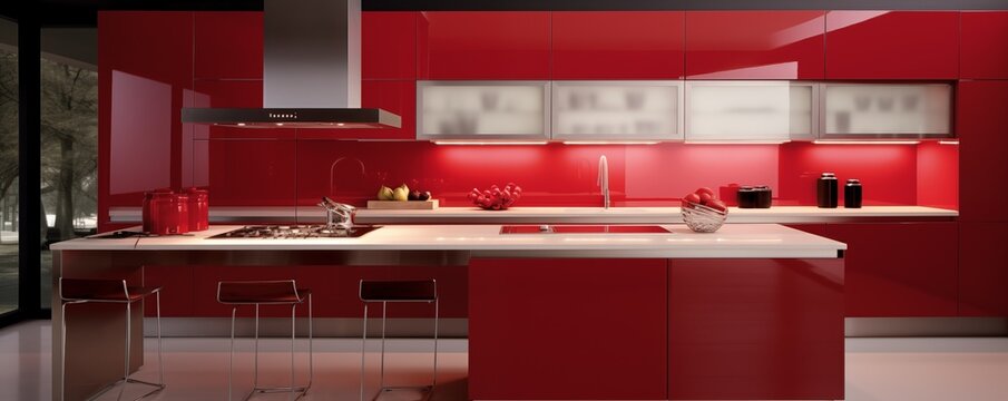 Red Kitchen, Modern House Interior Banner. Generative AI