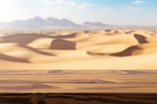 The empty wooden brown table top with blur background of desert dune mountain. Exuberant image. generative AI