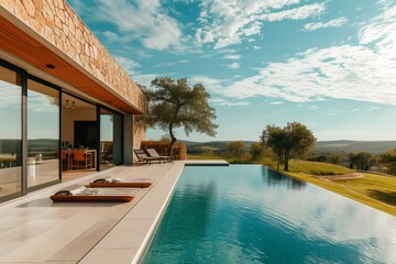 modern architecture design: a model of a contemporary creative single-family house with tall windows and concrete optic in the countryside with a huge clear swimming pool