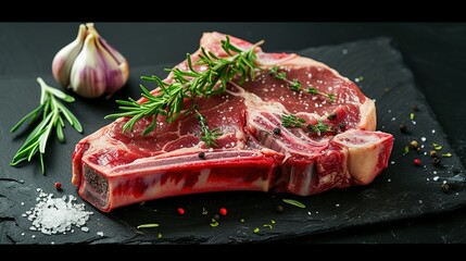 Dry-aged Raw T-bone or porterhouse beef steak with herbs and salt. On a black stone background. Barbecue