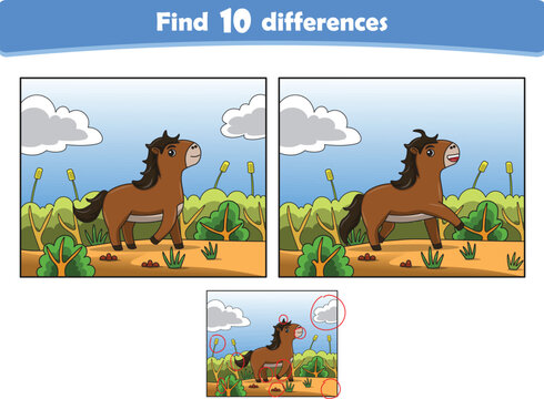 Funny cartoon horse. Find 10 differences. Kids Education games. Cartoon vector illustration