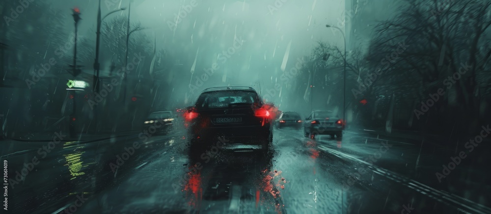 Poster difficulty driving in bad weather, focusing on specific elements with toned colors.