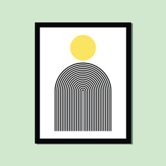 geometric rainbow and sun line composition. Boho wall decort trendy mid century framed poster A3 A4 art print. Abstract Hand drawn modern minimalist for wall decor, book, covers, posters, flyers.