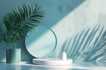 Beauty product photo background: smooth round pale blue podium in hard sunlight with palm tree leaf reflection on mint turquoise background, negative space