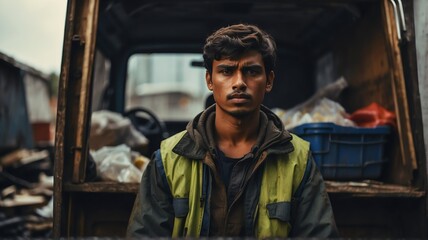 Portrait of young man working as garbage collector in a truck from Generative AI - obrazy, fototapety, plakaty