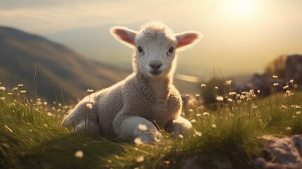 Obraz premium A little lamb is standing in a field. Agricultural industry.