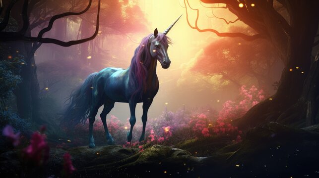 A beautiful, graceful unicorn in a fabulous forest. A fictional character, mythology.