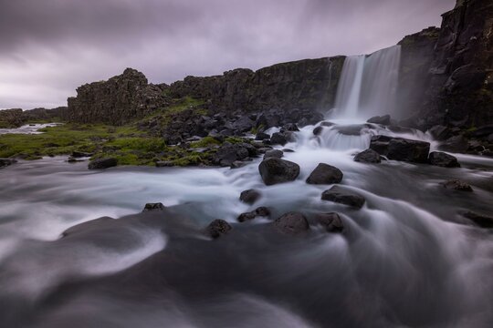 Oxarafoss, waterfall in Thingvellir National Park, interface of the European and North American continental plates, long exposure, Iceland, Europe