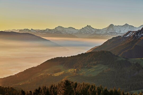 View from the Gurnigel Pass over the sea of fog behind Schreckhorn, Eiger, Moench, Canton Bern, Switzerland, Europe