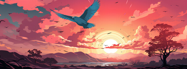 Illustration drawing of a white bird flying in the sky. The overall picture has a beautiful pink tone. It represents freedom that everyone desire, hopes, dreams and the spirit that yearns for freedom.