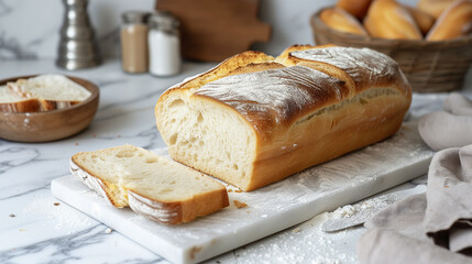 Freshly baked Pullman White Loaf bread on kitchen counter and some flour scattered. Generative AI