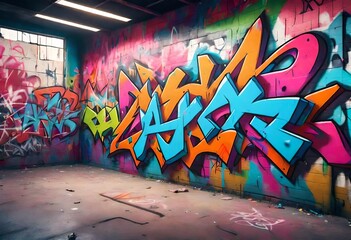 An empty interior background with colorful abstract graffiti on front wall
