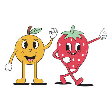 vector Fruit cute trendy retro lemon and strawberry cartoon vector hand drawn