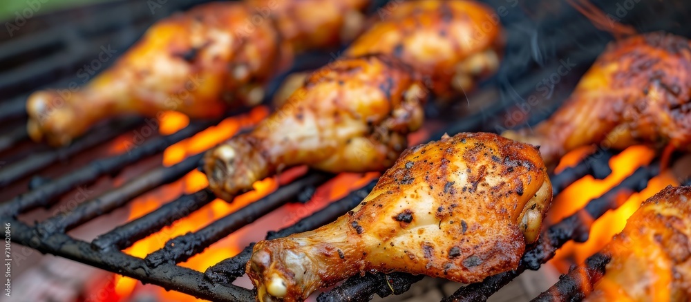 Sticker close-up of grilled chicken legs cooked on a fire grill