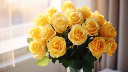 Obraz premium A bouquet of yellow roses. A luxurious gift for Valentine's Day and women's Day.