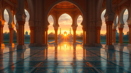 ramadan ornamental classic mosque at light shines sunset