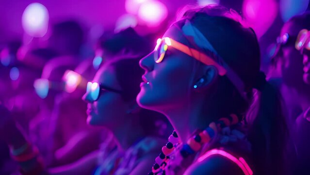 Guests wearing neon sungles bracelets and headbands creating a sea of glowing colors.