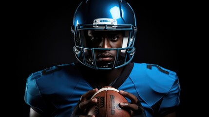 American football player in blue uniform holding ball