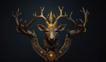 Pagan god. Deer head with antlers and golden details on dark background