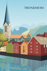 Trondheim retro city poster with abstract shapes of skyline, buildings. Vintage Norway town, port travel vector illustration