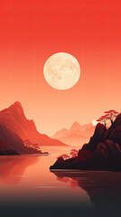 Sunset Landscape with Moon, Mountains, and Lake Chinese and Japanese Style. Beautiful Print for Home Decor, Interior Design, banner, Wallpaper, Background