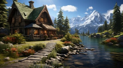 A rustic log cabin by a tranquil lake