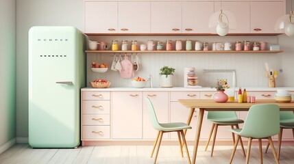 Mid-Century Modern Kitchen Revival: Colorful Accents and Retro Flair - obrazy, fototapety, plakaty