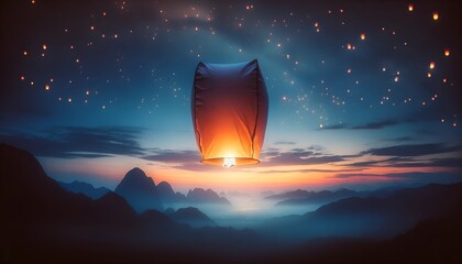 Illustration of a single sky lantern against a twilight backdrop.
