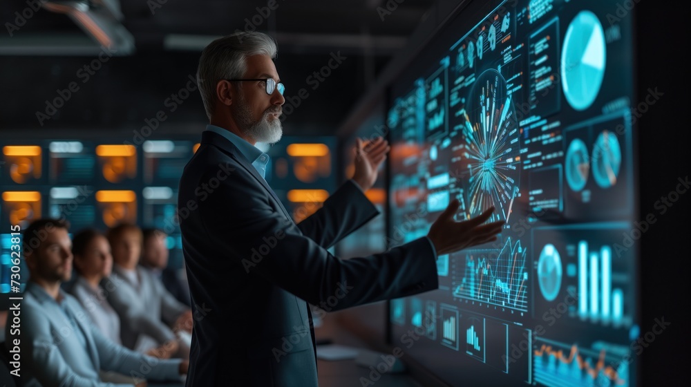 Poster tech-savvy leader presenting groundbreaking idea to investors, digital presentation on large screen 