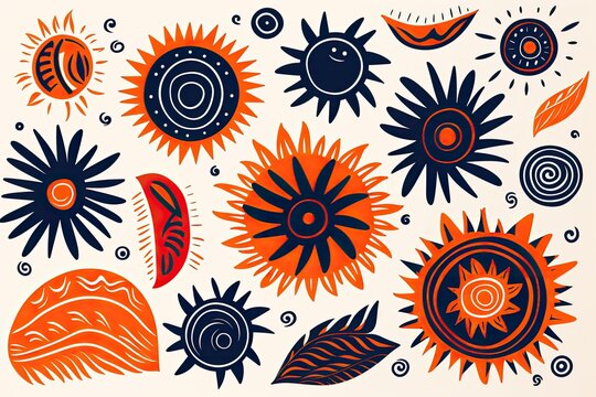 Set of Colorful Hand Drawn African Patterns, Ethnic Seamless Designs with Doodles, Geometric Shapes, and Natural Objects Perfect for Graphic Art, Wall Art, Picture Frames, Banners and Fashion Design