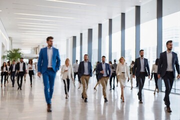 Blurred image of business people walking in the lobby of a modern office building