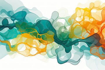 Watercolor Gradient Bubbles and Curved Lines in Yellow, Green, and Orange. Acrylic Paint Ink Wave Evoking Air Molecules and Kaleidoscope Liquid. Minimalist Illustration on White Background