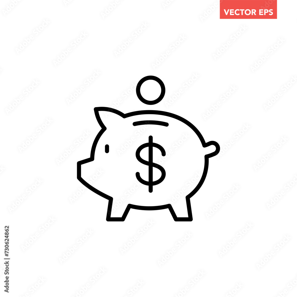 Poster black single piggy bank thin line icon, simple financial money saving flat design vector pictogram, 
