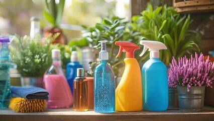 A shelf filled with nontoxic allnatural cleaning supplies for a green and environmentally friendly approach to office maintenance.