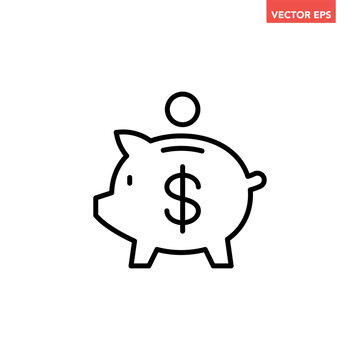 Black single piggy bank thin line icon, simple financial money saving flat design vector pictogram, infographic interface elements for app logo web button ui ux isolated on white background