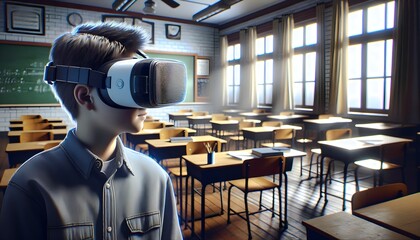 photography of virtual reality (VR) headset being used for education, immersive technology. calssroom background

