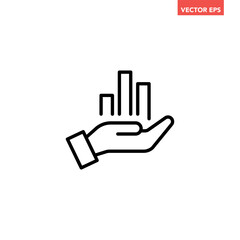 Black single hand with chart line icon, simple growing graph flat design pictogram vector for app logo ads web button ui ux interface elements isolated on white background
