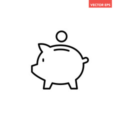 Black single piggy bank thin line icon, simple financial money saving flat design vector pictogram, infographic interface elements for app logo web button ui ux isolated on white background