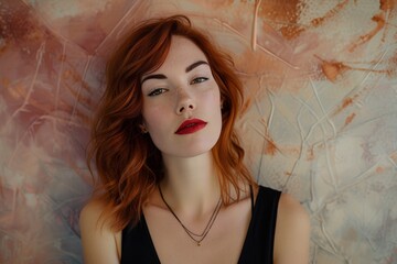 Ginger Woman in Creative Dreamlike Nostalgic Pink, Brown, Cream Background - Direct Gaze with Makeup defined Eyebrows and Red Lipstick - Red Hair and Black Dress created with Generative AI Technology