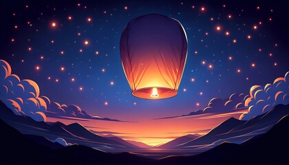 Obraz premium Cartoon style illustration of a single large sky lantern.