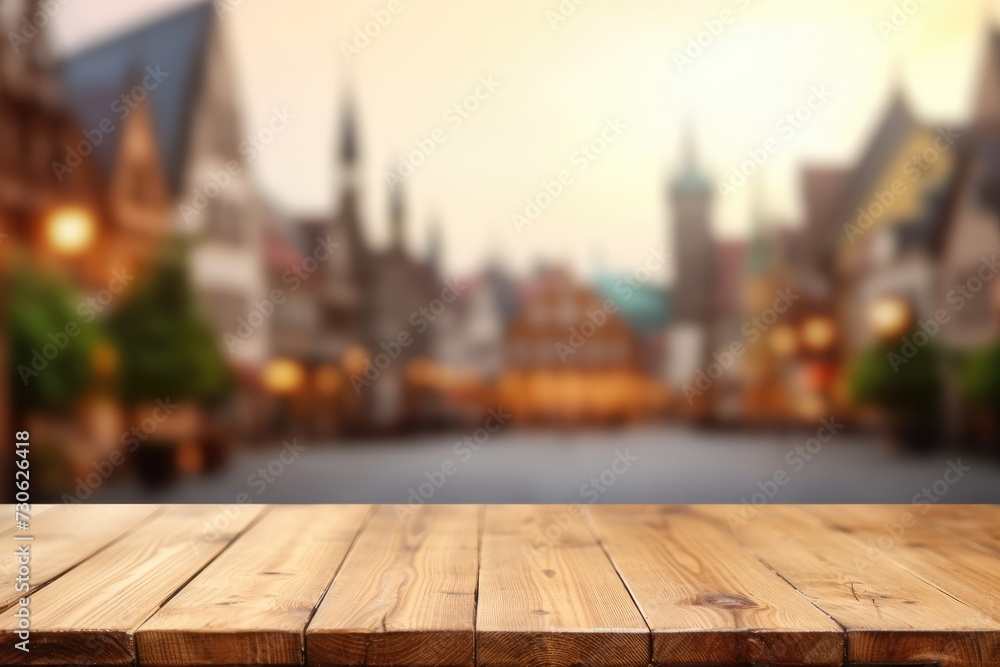 Poster the empty wooden table top with blur background of town square. exuberant image. generative ai