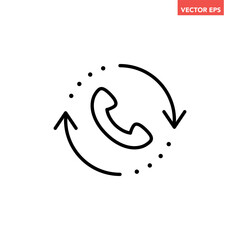 Black single recall line icon, simple call back technology flat design pictogram vector for app logo ads web webpage button ui ux interface elements isolated on white background