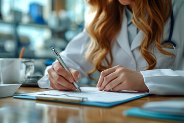 Close-up of a doctor hand hold a silver pen and showing pad in hospital. Doctor giving prescription to the patient and filling up medical form at a clipboard - obrazy, fototapety, plakaty
