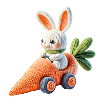 Knitted cute Easter bunny made of wool riding a carrot vehicle isolated on transparent background
