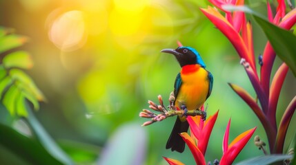 Photograph of a colorful tropical bird perched on a vibrant flower in a rainforest. 