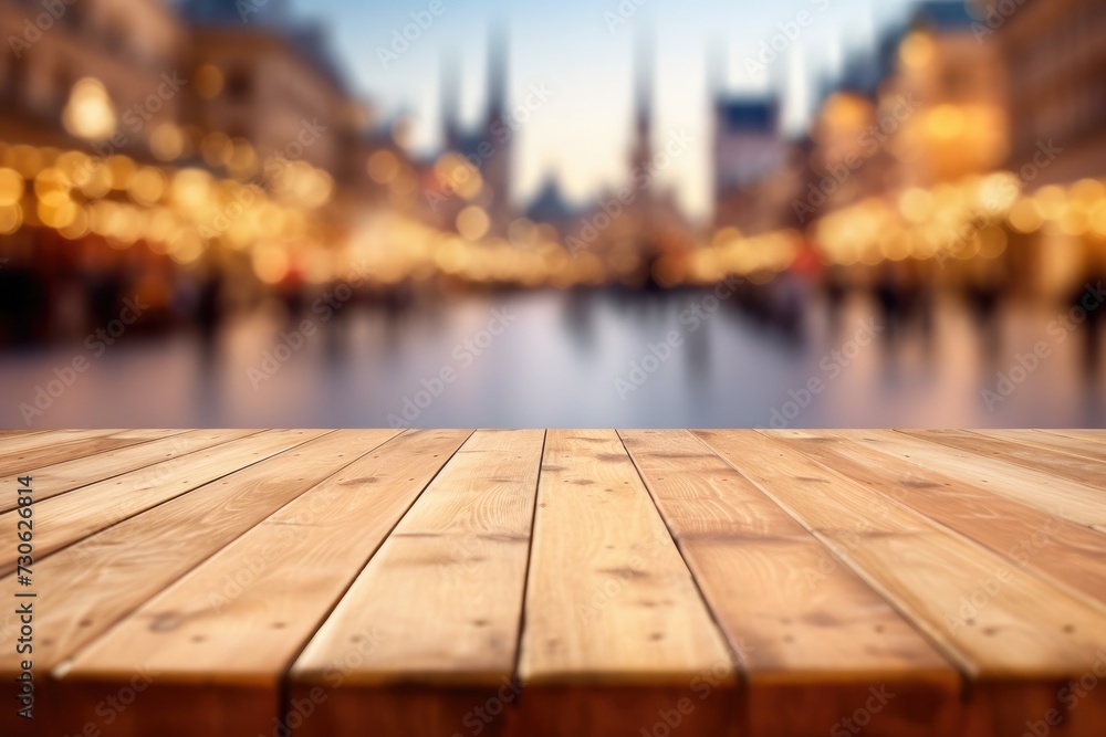 Poster the empty wooden table top with blur background of town square. exuberant image. generative ai