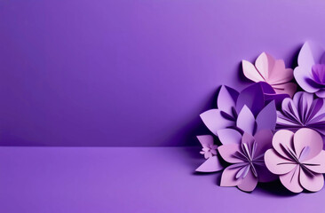 paper flowers on a purple background with copy space, top view. Generative AI